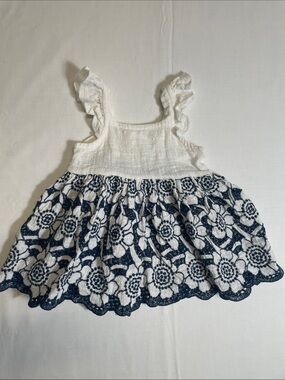 Navy Floral Embroidered Lace Casual Dress ruffle sleeve organic cotton 12M